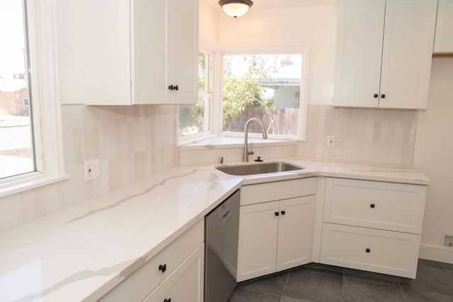 4119 Arden Dr S, Fresno, CA 93703 - kitchen with stainless steel dishwasher, white cabinetry, and backsplash
