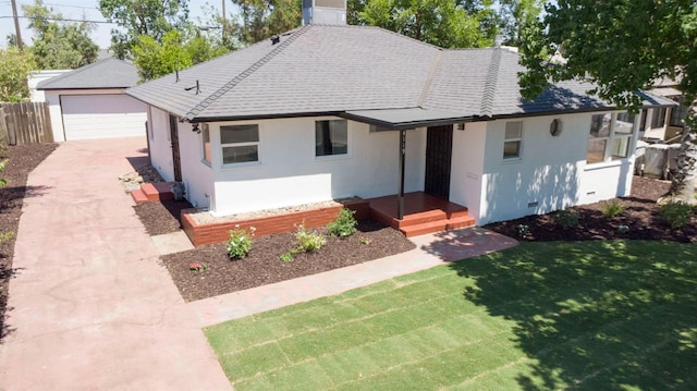 4119 Arden Dr S, Fresno, CA 93703 - view of front of house featuring stucco siding, an outbuilding, roof with shingles, and a garage