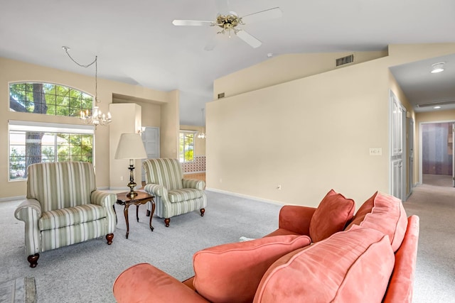 1210 E Province Dr, Fresno, CA 93720 - carpeted living room featuring healthy amount of natural light, vaulted ceiling, ceiling fan, and a chandelier
