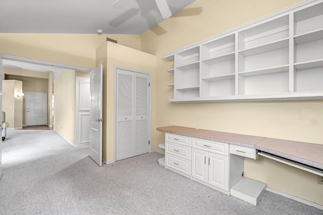 1210 E Province Dr, Fresno, CA 93720 - unfurnished office featuring ceiling fan, light carpet, and built in desk