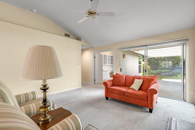 1210 E Province Dr, Fresno, CA 93720 - carpeted living room with lofted ceiling and ceiling fan