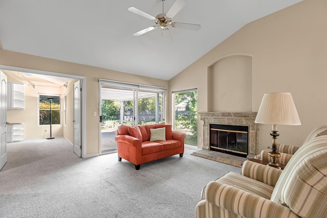 1210 E Province Dr, Fresno, CA 93720 - living room with carpet flooring, a premium fireplace, a ceiling fan, and high vaulted ceiling