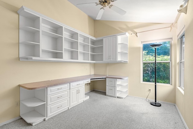1210 E Province Dr, Fresno, CA 93720 - unfurnished office featuring built in study area, light colored carpet, a ceiling fan, and vaulted ceiling