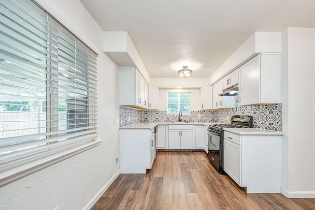 1821 W Lansing Way, Fresno, CA 93705 - kitchen with black gas range oven, under cabinet range hood, decorative backsplash, wood finished floors, and light countertops