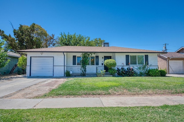 1821 W Lansing Way, Fresno, CA 93705 - ranch-style house with an attached garage, covered porch, stucco siding, a front yard, and driveway