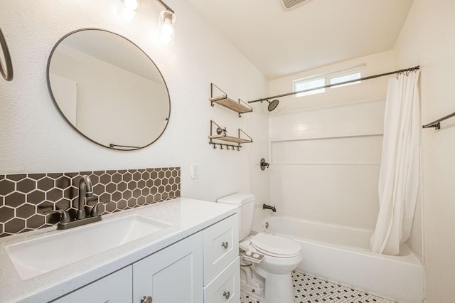 1821 W Lansing Way, Fresno, CA 93705 - bathroom featuring decorative backsplash, shower / bathtub combination with curtain, and vanity