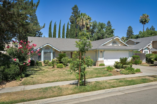 6447 N Vagedes Ave, Fresno, CA 93711 - view of front facade featuring driveway, an attached garage, brick siding, and a shingled roof