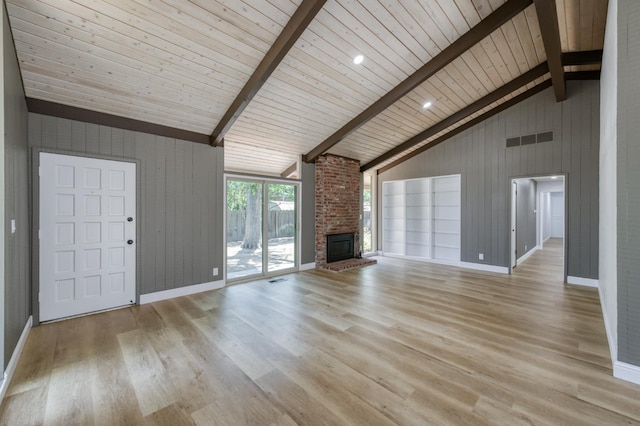 1904 S Fairway Ave, Fresno, CA 93727 - unfurnished living room featuring light wood finished floors, a fireplace, a wooden ceiling with exposed beams, wood walls, and high vaulted ceiling