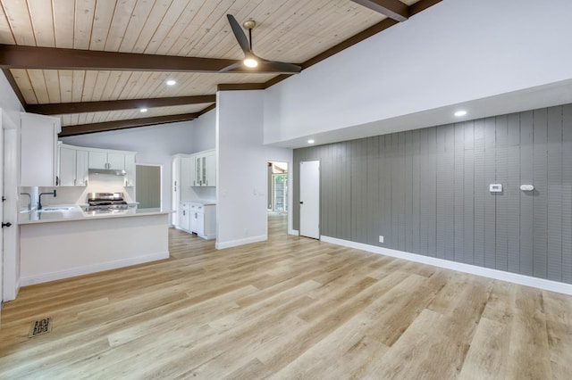 1904 S Fairway Ave, Fresno, CA 93727 - unfurnished living room with light wood-type flooring, ceiling fan, a wood ceiling with exposed beams, high vaulted ceiling, and recessed lighting