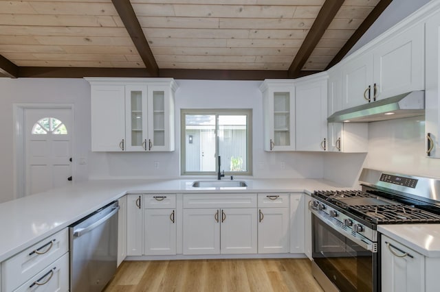 1904 S Fairway Ave, Fresno, CA 93727 - kitchen with appliances with stainless steel finishes, under cabinet range hood, wooden ceiling, plenty of natural light, and light wood finished floors