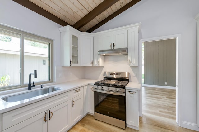 1904 S Fairway Ave, Fresno, CA 93727 - kitchen with stainless steel gas range oven, under cabinet range hood, light countertops, white cabinetry, and wood ceiling