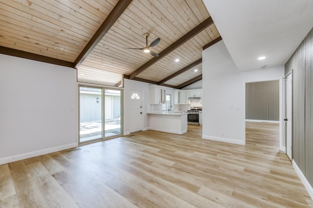 1904 S Fairway Ave, Fresno, CA 93727 - unfurnished living room with ceiling fan, light wood-type flooring, a wood ceiling with exposed beams, and high vaulted ceiling