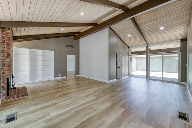 1904 S Fairway Ave, Fresno, CA 93727 - unfurnished living room with light wood-type flooring, a wood ceiling with exposed beams, high vaulted ceiling, wooden walls, and a brick fireplace