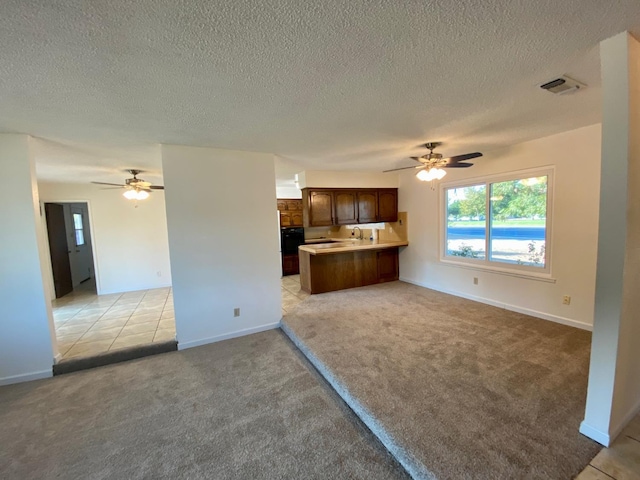 12173 Rd 36, Madera, CA 93636 - kitchen featuring open floor plan, a ceiling fan, light colored carpet, and a textured ceiling