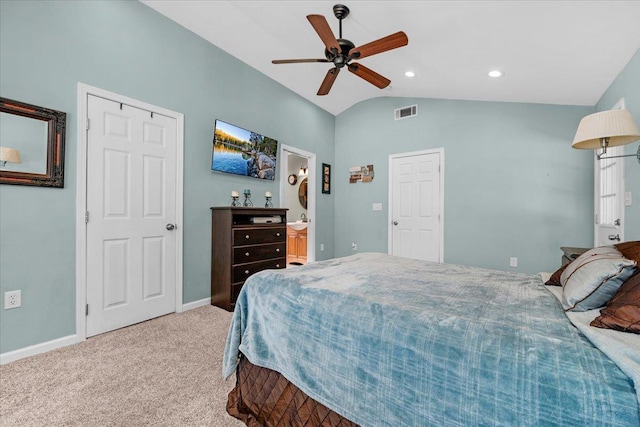 1440 E Fountain Way, Fresno, CA 93704 - carpeted bedroom featuring lofted ceiling, ceiling fan, and connected bathroom