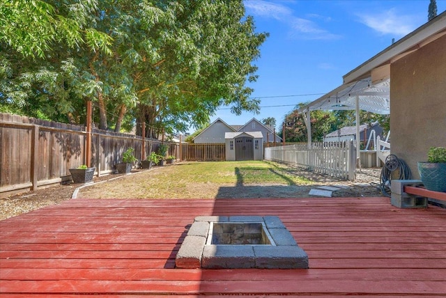 1440 E Fountain Way, Fresno, CA 93704 - deck featuring a fenced backyard, a shed, and an outdoor fire pit