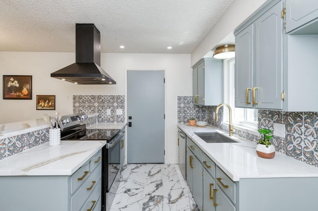 1648 Purvis Ave, Clovis, CA 93611 - kitchen with stainless steel appliances, wall chimney exhaust hood, light marble finish floors, a textured ceiling, and light countertops
