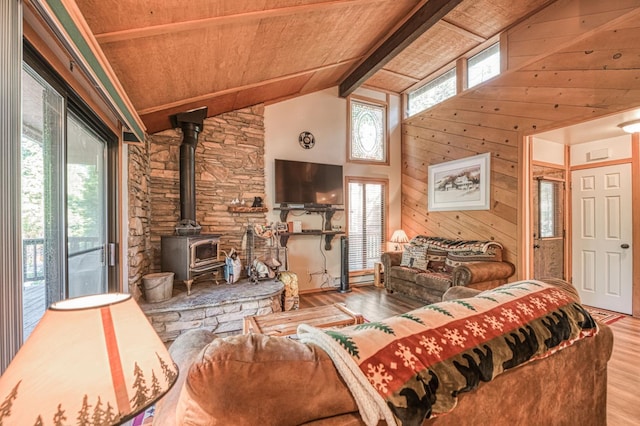 40904 Mill Run Ln Unit 60, Shaver Lake, CA 93664 - living area with wood finished floors, a wood stove, healthy amount of natural light, a wooden ceiling with exposed beams, and wood walls