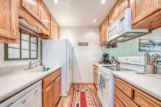 40904 Mill Run Ln Unit 60, Shaver Lake, CA 93664 - kitchen featuring white appliances, light wood finished floors, light countertops, and recessed lighting