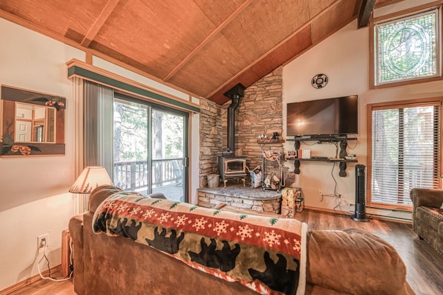 40904 Mill Run Ln Unit 60, Shaver Lake, CA 93664 - living area with a wood stove, a wooden ceiling with exposed beams, wood finished floors, and high vaulted ceiling