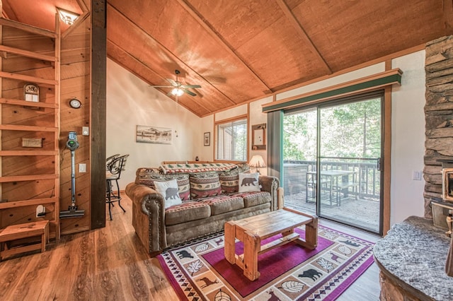 40904 Mill Run Ln Unit 60, Shaver Lake, CA 93664 - living room featuring lofted ceiling, wood finished floors, wood ceiling, and ceiling fan