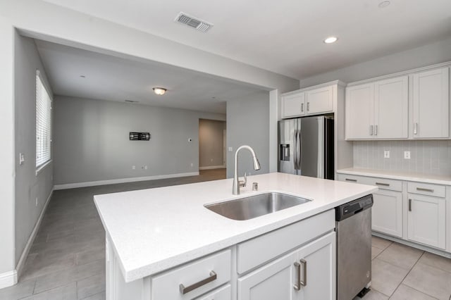 7393 E Michigan Ave, Fresno, CA 93737 - kitchen with stainless steel appliances, light countertops, open floor plan, white cabinetry, and decorative backsplash