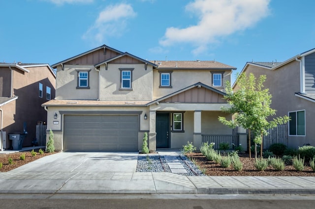 7393 E Michigan Ave, Fresno, CA 93737 - craftsman house with a porch, stucco siding, board and batten siding, driveway, and a garage