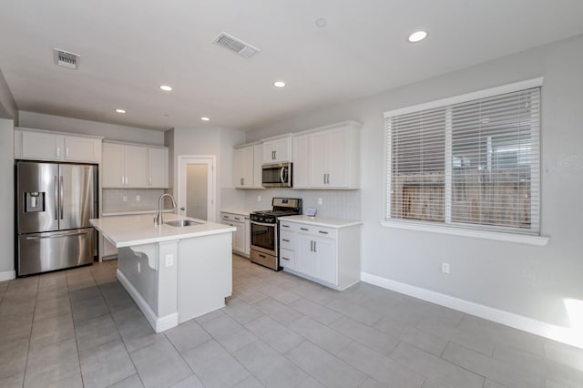 7393 E Michigan Ave, Fresno, CA 93737 - kitchen featuring appliances with stainless steel finishes, backsplash, light countertops, white cabinetry, and recessed lighting