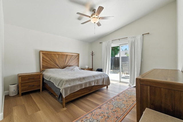 6431 E Inyo St, Fresno, CA 93727 - bedroom with access to exterior, light wood-style floors, lofted ceiling, and ceiling fan