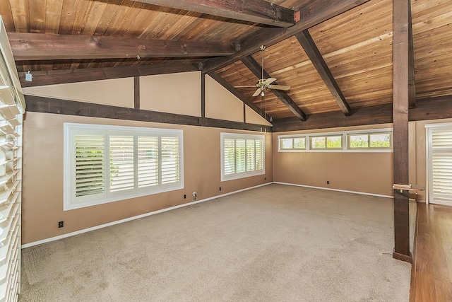 10465 E Herndon Ave, Clovis, CA 93619 - carpeted empty room featuring a ceiling fan, a wood ceiling with exposed beams, and high vaulted ceiling