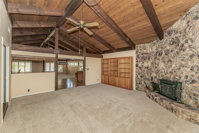 10465 E Herndon Ave, Clovis, CA 93619 - unfurnished living room with carpet, a wood ceiling with exposed beams, a ceiling fan, and high vaulted ceiling