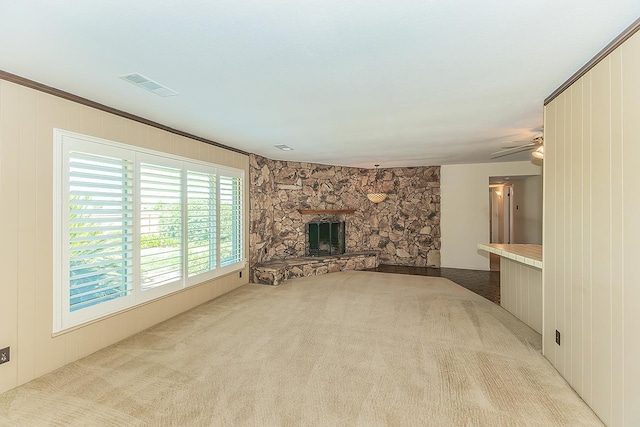 10465 E Herndon Ave, Clovis, CA 93619 - unfurnished living room with carpet, a fireplace, and ceiling fan