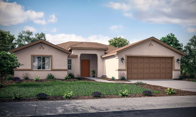2108 W Van Gogh Unit Bt223, Hanford, CA 93230 - view of front facade featuring stucco siding, a garage, concrete driveway, and a front lawn