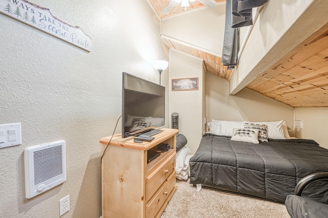 40748 Mill Run Ln Unit 5, Shaver Lake, CA 93664 - bedroom with carpet floors, wood ceiling, and heating unit