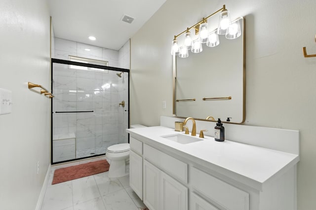 135 N Park Dr, Madera, CA 93637 - full bath with marble finish floors, vanity, a stall shower, and recessed lighting
