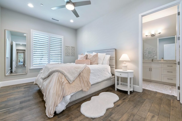 2706 Trenton Ave, Clovis, CA 93619 - bedroom with dark wood-style floors, ensuite bathroom, recessed lighting, and ceiling fan