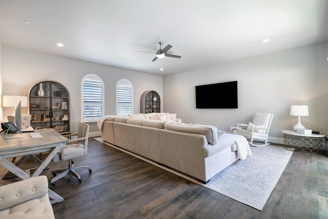 2706 Trenton Ave, Clovis, CA 93619 - living area featuring a ceiling fan, an office area, dark wood-style flooring, and recessed lighting