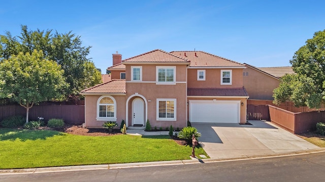 4160 N Creekbend, Clovis, CA 93619 - mediterranean / spanish house featuring an attached garage, a chimney, a tile roof, and concrete driveway