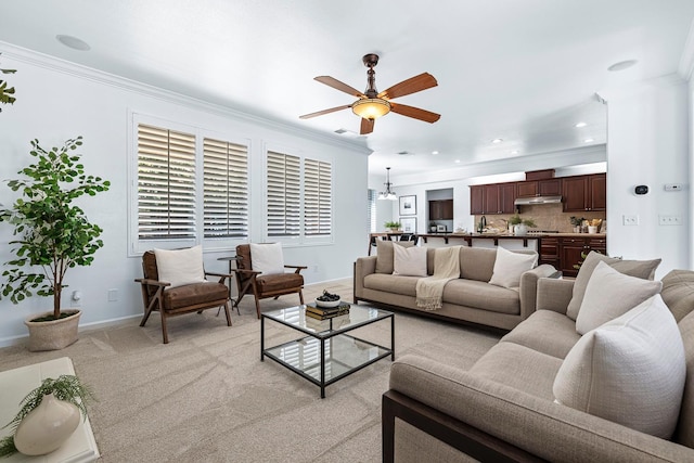 4160 N Creekbend, Clovis, CA 93619 - living area featuring ceiling fan, crown molding, light colored carpet, and recessed lighting