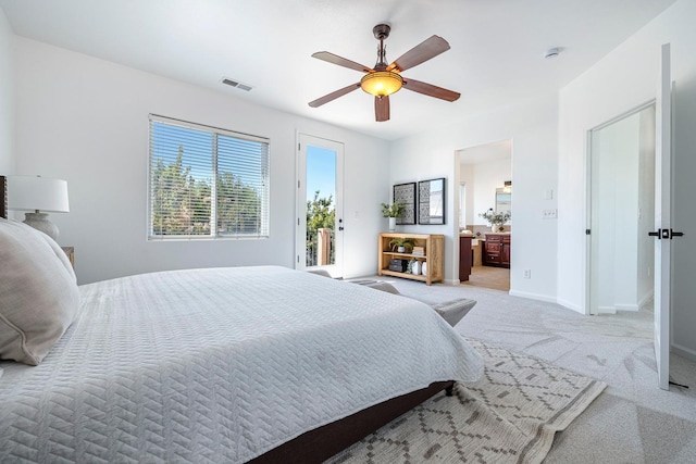 4160 N Creekbend, Clovis, CA 93619 - carpeted bedroom featuring access to exterior, ceiling fan, and connected bathroom