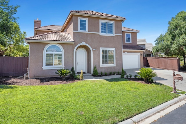 4160 N Creekbend, Clovis, CA 93619 - mediterranean / spanish-style home featuring a tile roof, concrete driveway, stucco siding, and a chimney