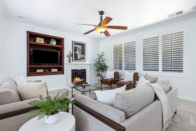4160 N Creekbend, Clovis, CA 93619 - living room featuring carpet, crown molding, a glass covered fireplace, and a ceiling fan