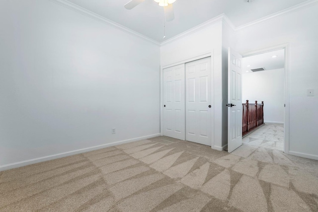 4160 N Creekbend, Clovis, CA 93619 - unfurnished bedroom with light carpet, crown molding, a closet, and a ceiling fan