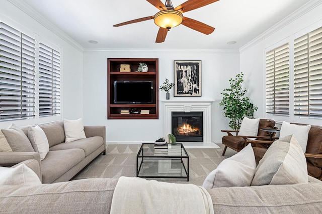 4160 N Creekbend, Clovis, CA 93619 - carpeted living room with crown molding, a glass covered fireplace, and a ceiling fan