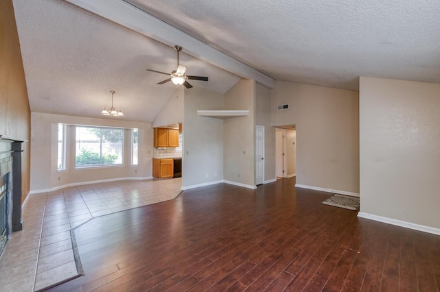 6283 N Gilroy Ave, Fresno, CA 93722 - unfurnished living room featuring a fireplace, beam ceiling, a chandelier, wood finished floors, and high vaulted ceiling