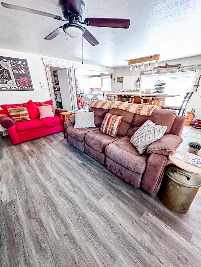 37969 Rd 422, Oakhurst, CA 93644 - living room with wood finished floors, a textured ceiling, and a ceiling fan
