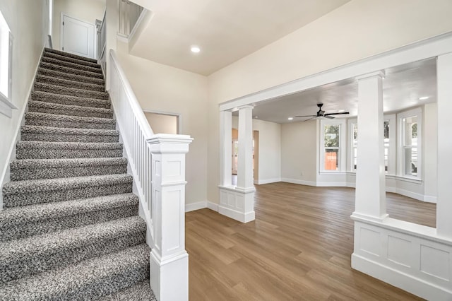 2643 B St, Selma, CA 93662 - stairway featuring decorative columns, wood finished floors, ceiling fan, and recessed lighting