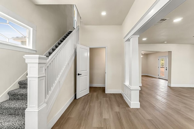 2643 B St, Selma, CA 93662 - staircase featuring wood finished floors, decorative columns, and recessed lighting