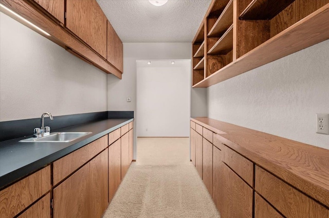 835 E Ashcroft Ave, Fresno, CA 93704 - kitchen with open shelves, light colored carpet, and a textured ceiling