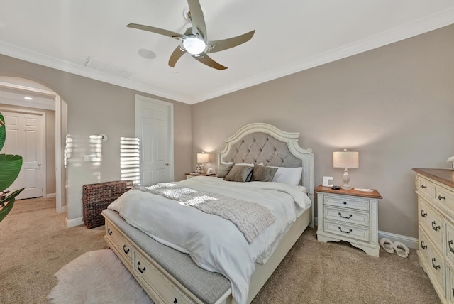 11617 N Bella Verde Ave, Fresno, CA 93730 - bedroom with light carpet, arched walkways, crown molding, and a ceiling fan